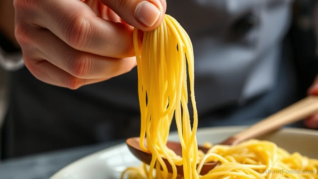 Hand testing al dente pasta texture by pressing against a spoon