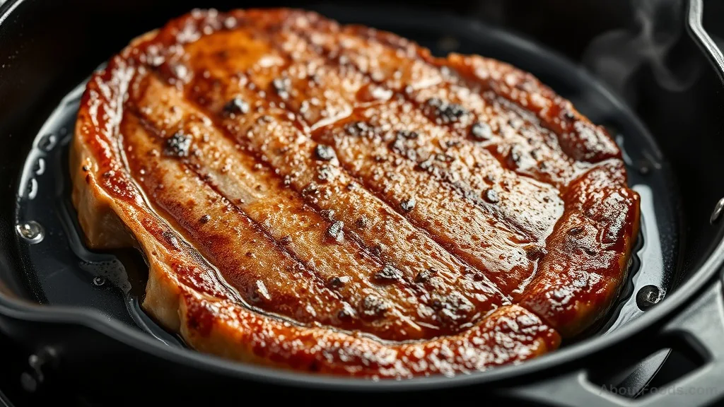 Steak developing a brown crust in a hot cast iron skillet