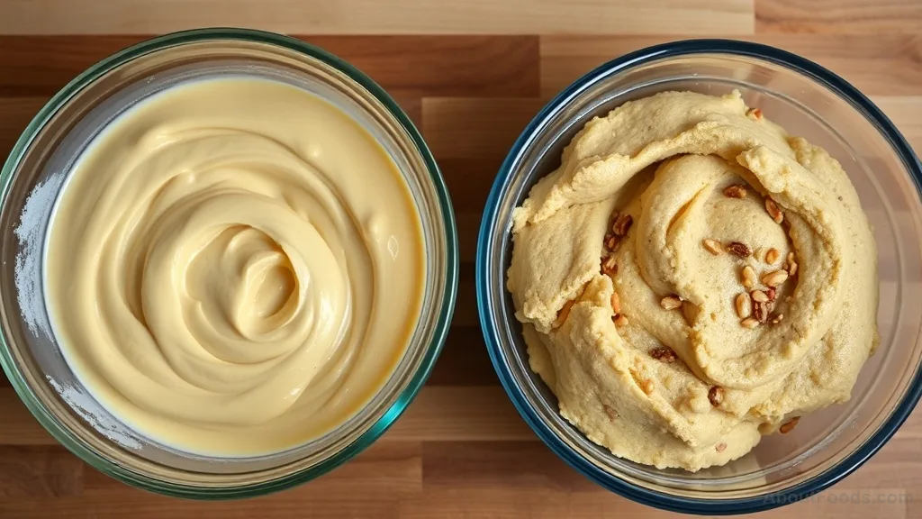 Two bowls of cookie dough, one with regular butter and one with brown butter showing dark specks