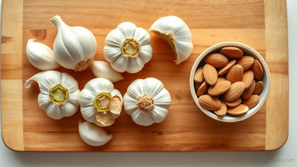 Raw garlic cloves on a cutting board with one clove showing a green sprout