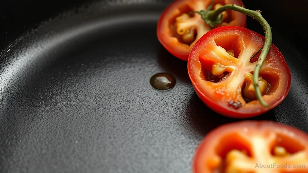 Close-up of cast iron seasoning and fresh tomato