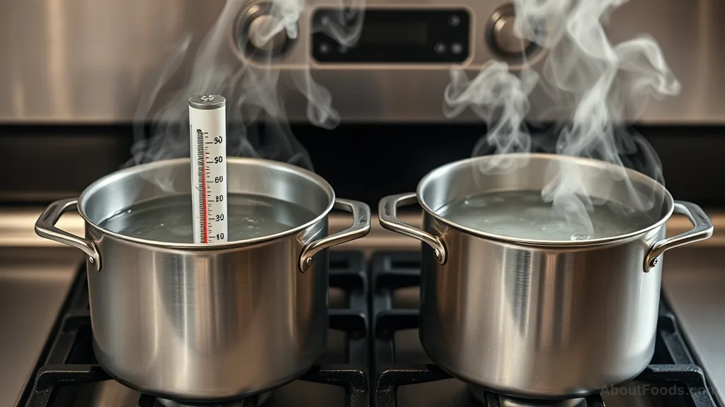 Thermometer in pot of water measuring temperature