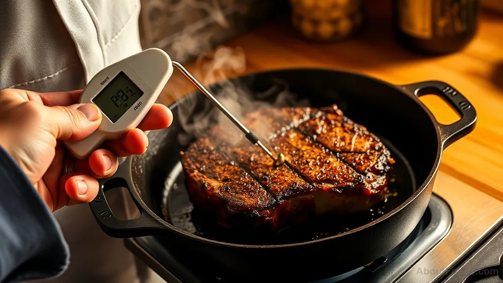 Person using meat thermometer on steak to test doneness myths