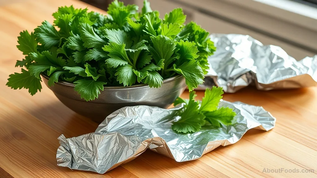 Fresh greens and a crumpled aluminum foil strip on a wooden table