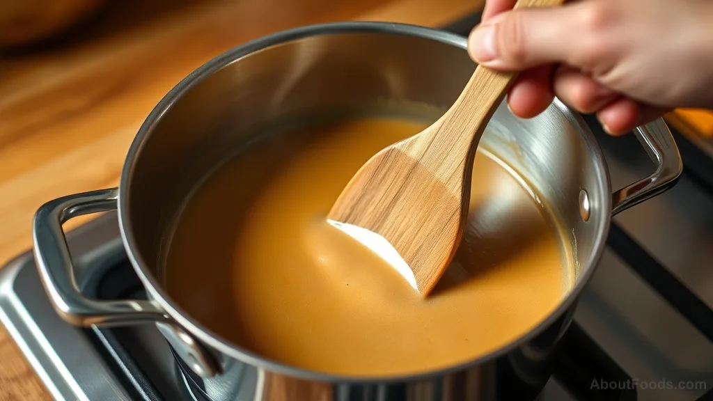 Stirring a golden brown roux in a saucepan on the stove