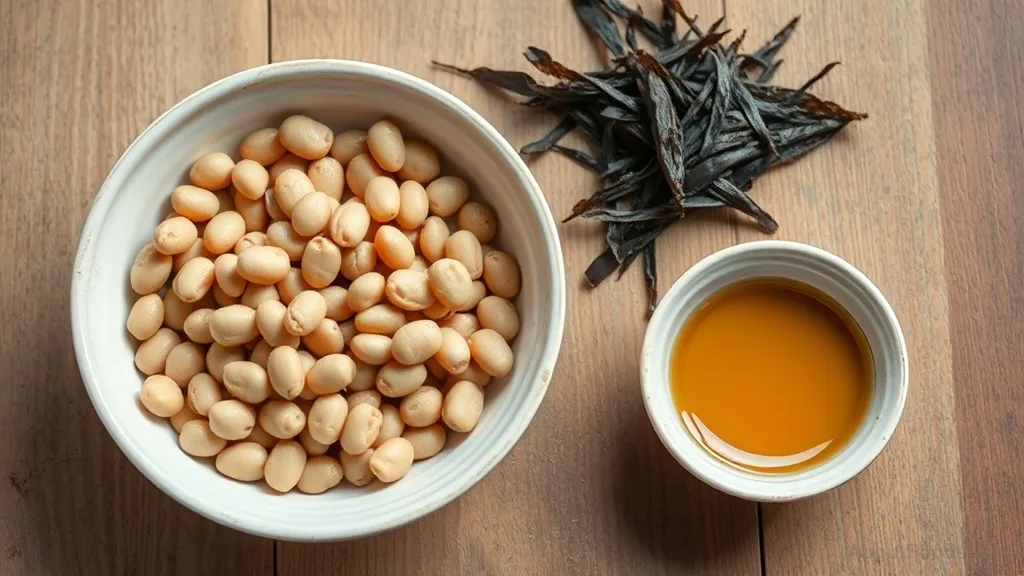 Cooked beans served with kombu seaweed and apple cider vinegar