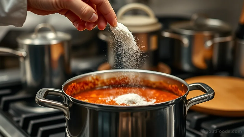 Hand sprinkling baking soda into chili pot