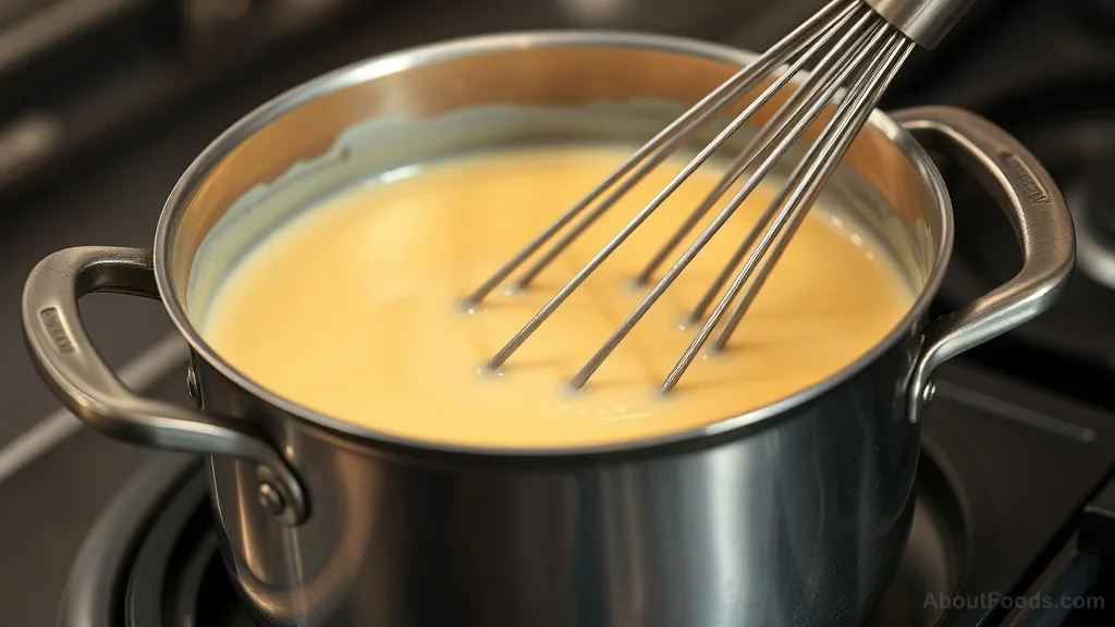 Smooth cheese sauce being whisked in a saucepan
