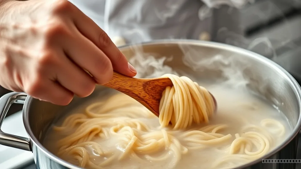 Stirring pasta in boiling water to prevent sticking