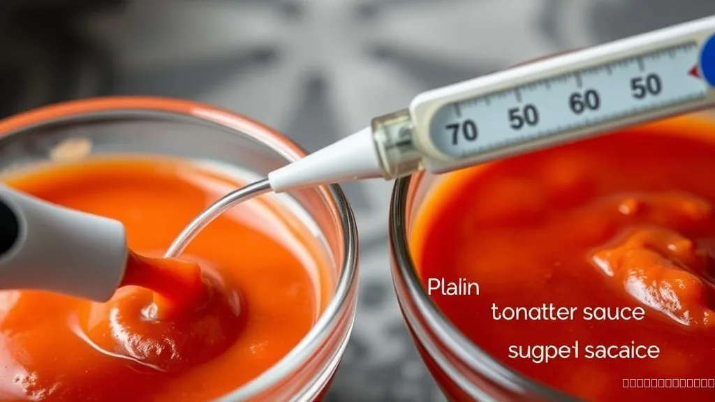pH meter testing acidity in plain tomato sauce versus sugar-added sauce