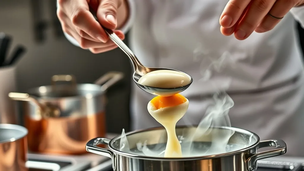 Hands lifting a poached egg from simmering water with a slotted spoon