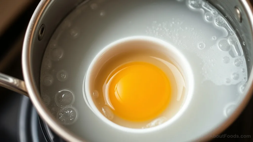 Fresh egg cracked into a bowl ready for poaching, with simmering water in background