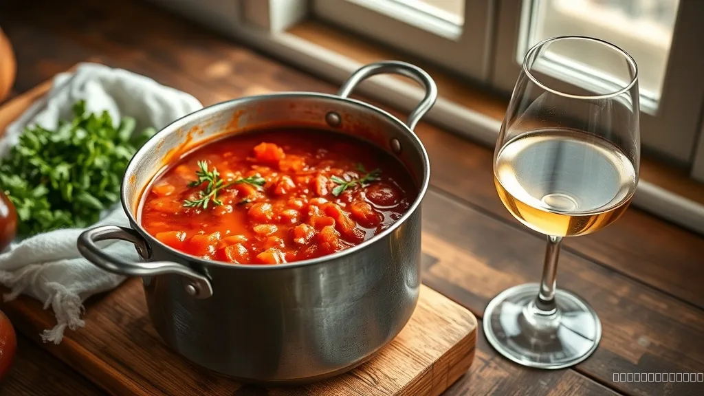 Simmering tomato sauce with a glass of white wine on a kitchen table