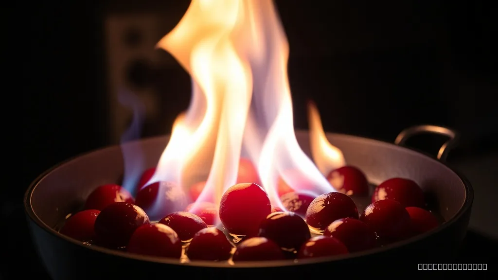 Flambé pan with blue flames over cherries jubilee dessert