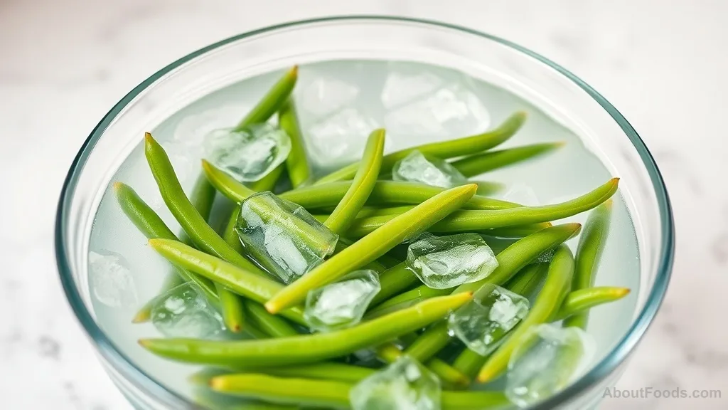 Blanched green beans in an ice bath