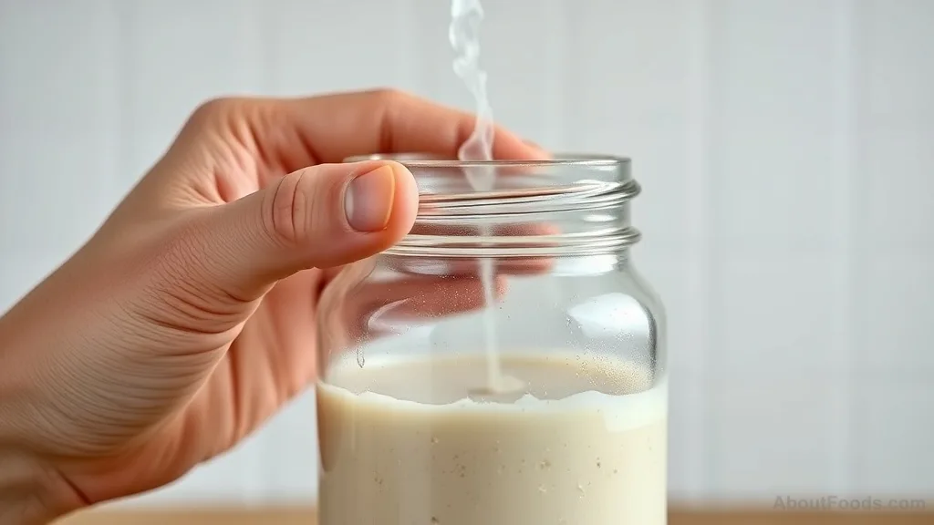 Hands opening a jar of sourdough starter to release gases
