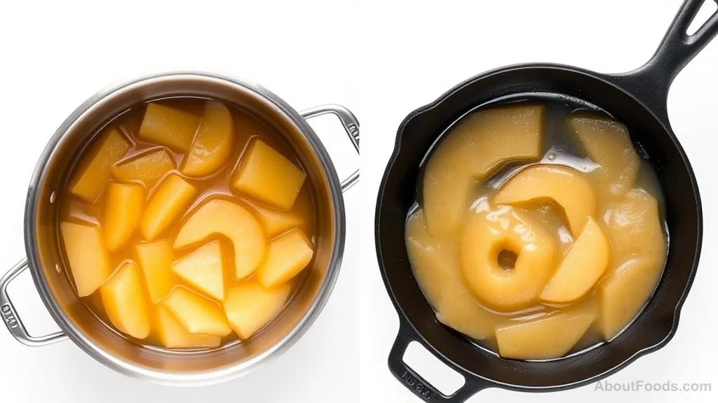 Comparison of apple sauce cooked in different materials showing color difference from iron