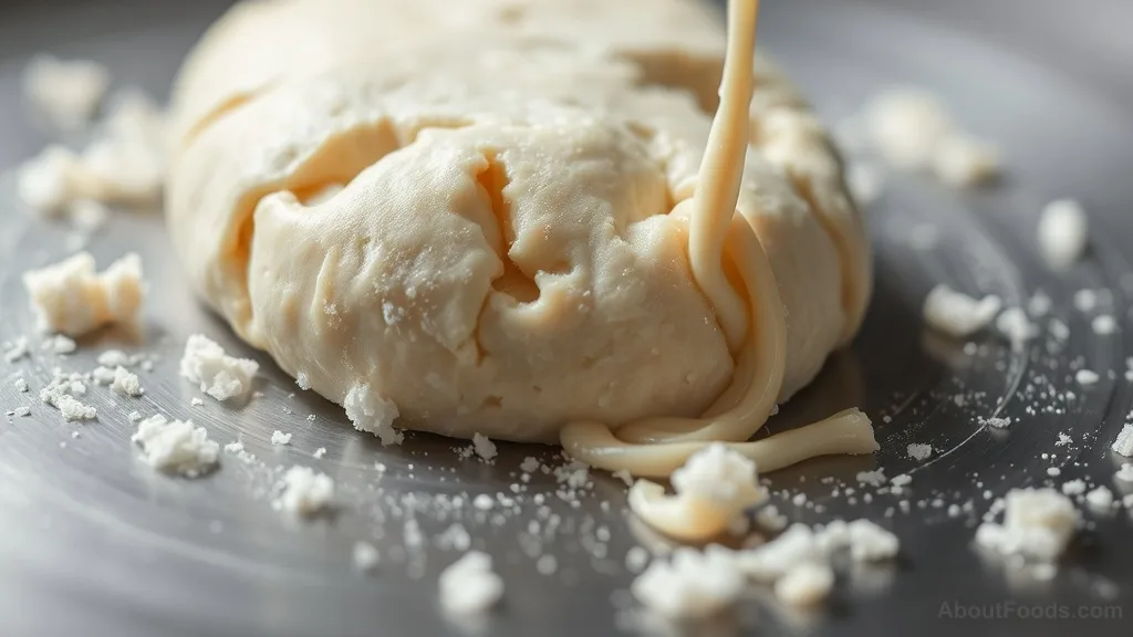 Wet dough sticking to an un-floured stainless steel countertop, showing adhesion strands.