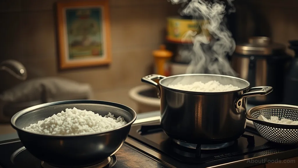 Traditional Malaysian kitchen with rice cooking on stove