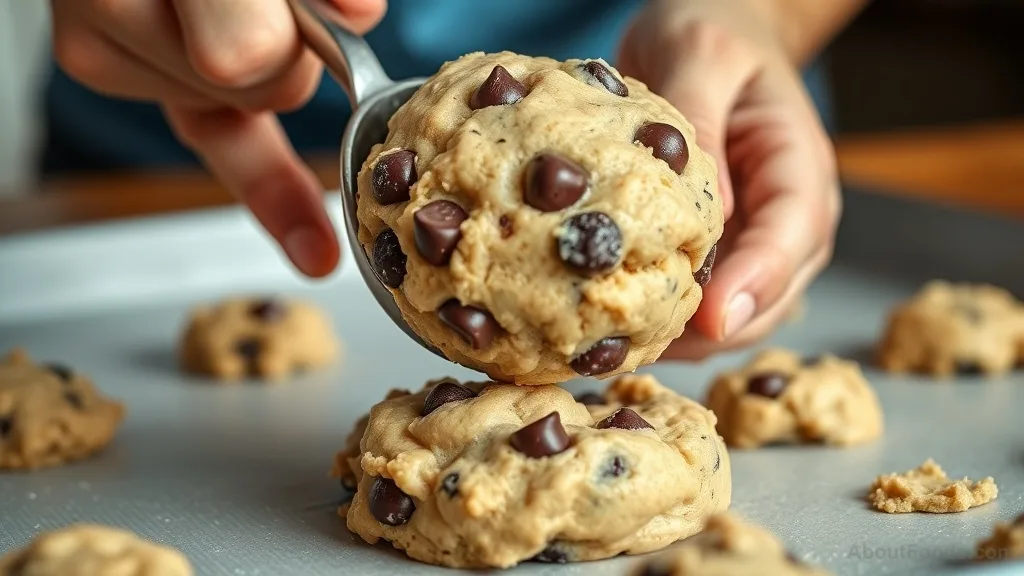 Close-up of cookie dough being portioned onto baking sheet