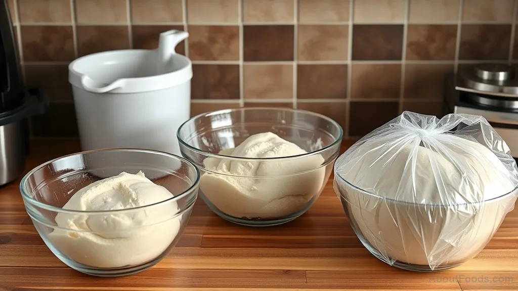 Three bowls showing cookie dough at different resting stages