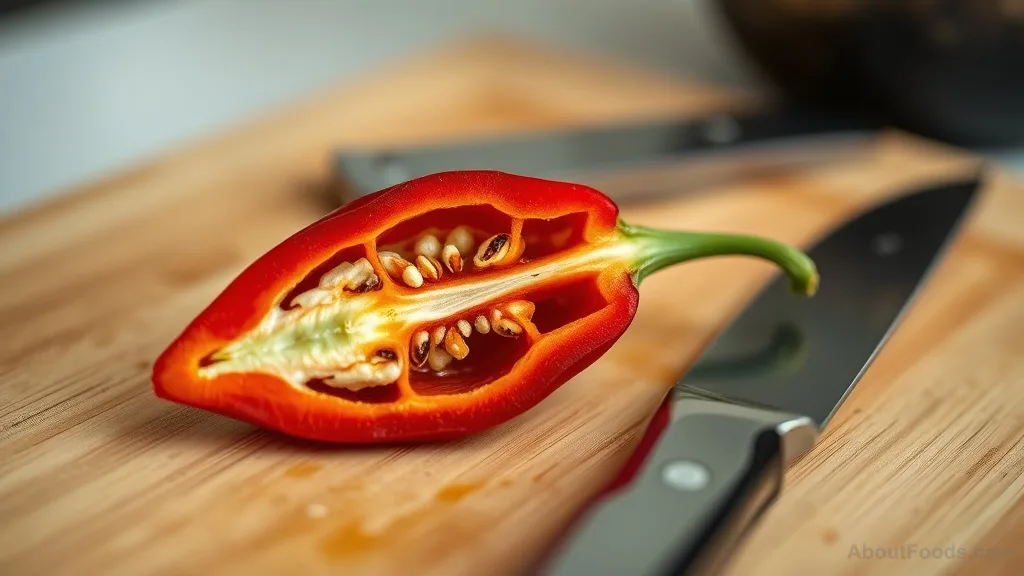 Cross-section of a red chili pepper showing seeds and membrane