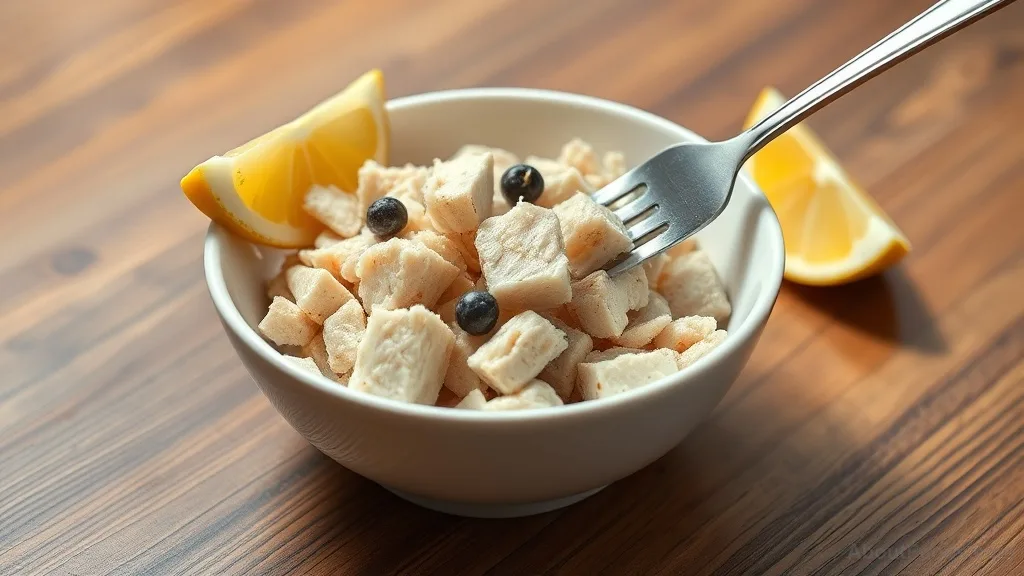 Flaked canned tuna in a bowl with olive oil and lemon