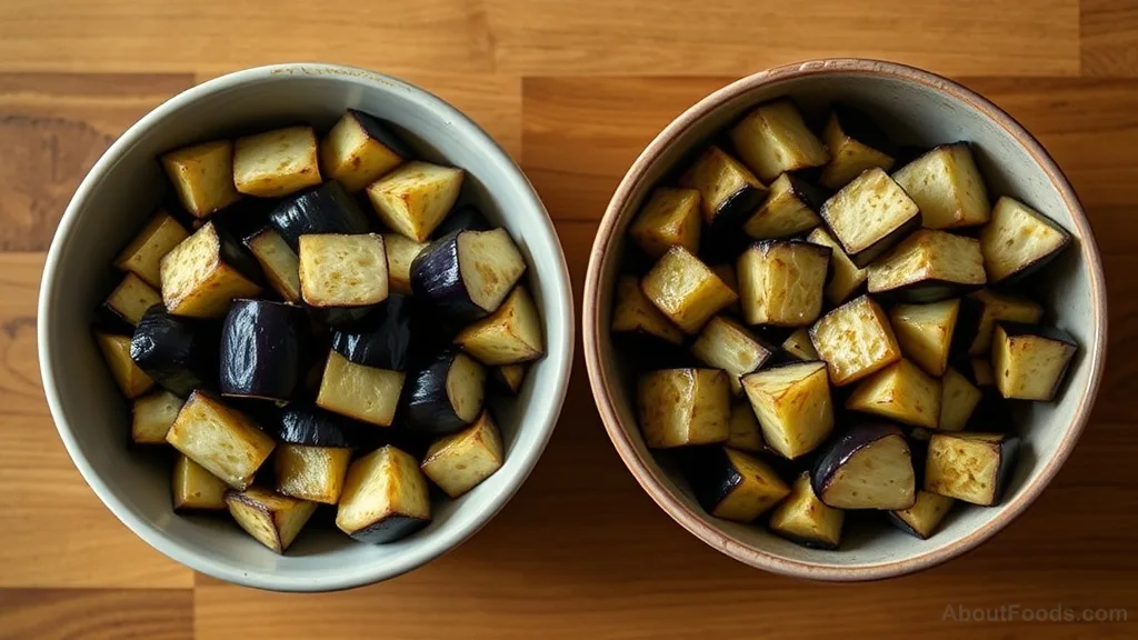Comparison bowl of salted versus unsalted cooked eggplant showing texture difference
