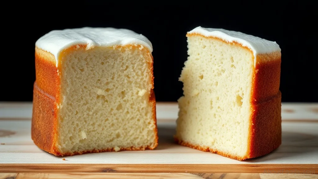 Successful angel food cake with light texture versus dense failed version