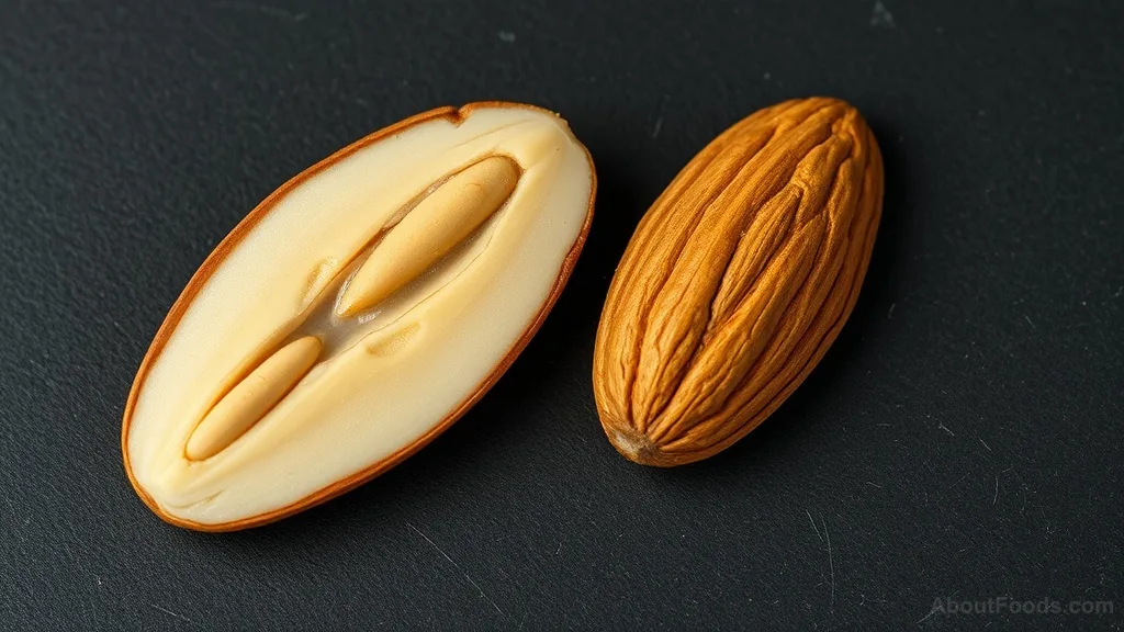 Comparison cross-sections of a soaked almond and a dry almond showing difference in size and hydration