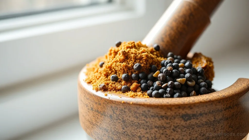 Freshly ground toasted spices in a mortar