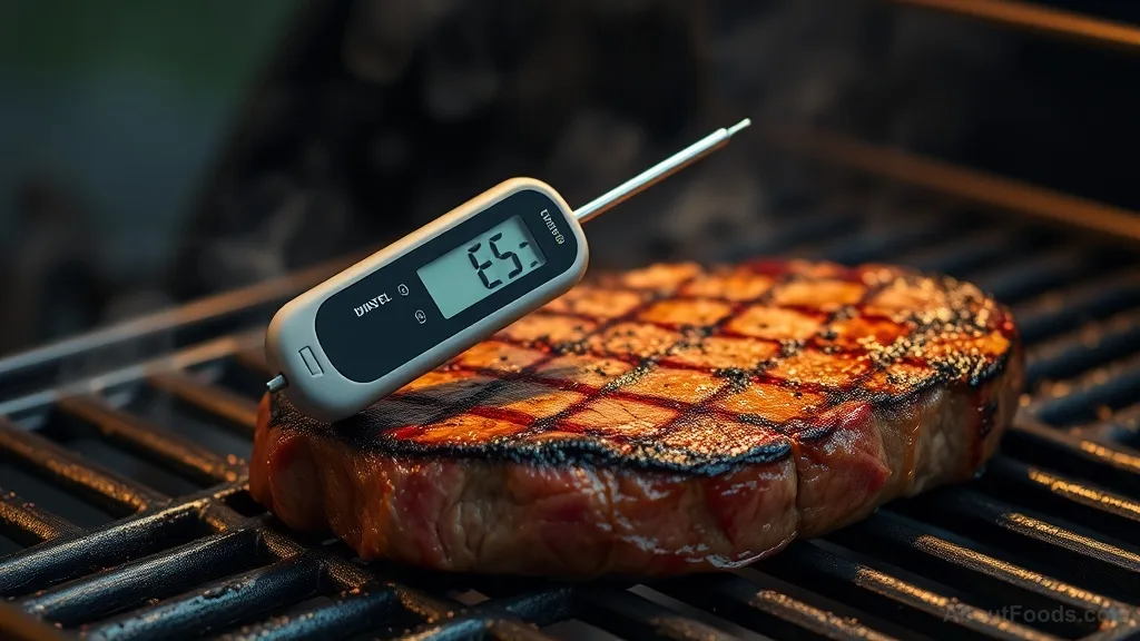 Digital thermometer inserted into steak on grill
