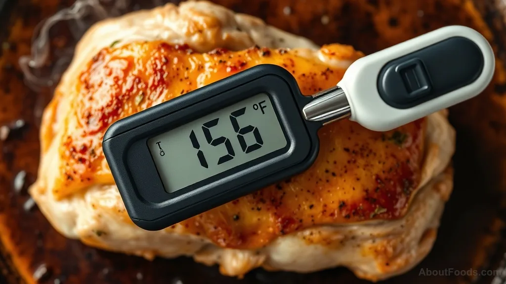 Food thermometer showing safe internal temperature for cooked chicken