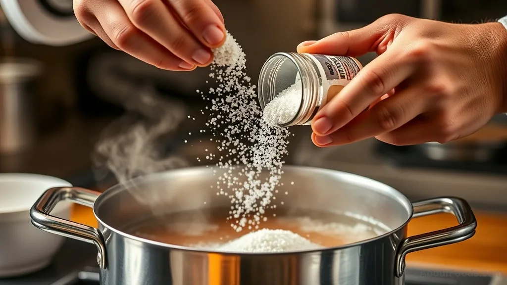 Chef adding MSG to a pot of broth.