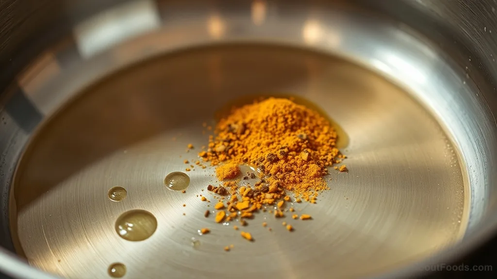 Ground spices sizzling in hot oil in a stainless steel pan