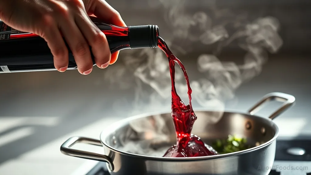 Pouring wine into a hot pan for deglazing