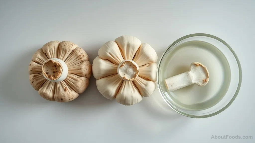 Three mushroom caps showing different cleaning methods: unwashed, dry wiped, and soaked.