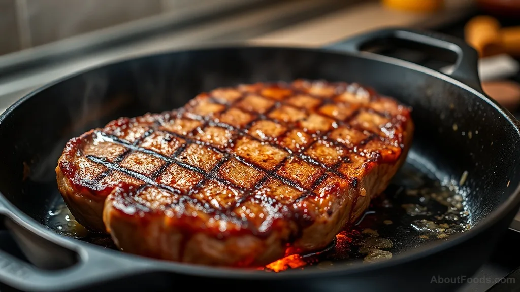 Steak being seared in a cast iron skillet with brown crust