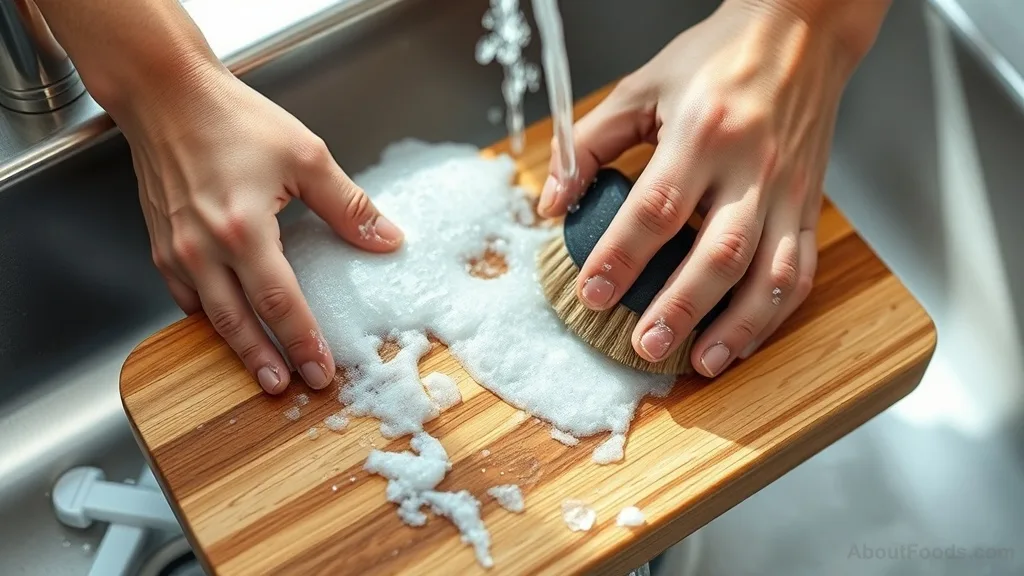 Proper cleaning of a wooden cutting board under running water