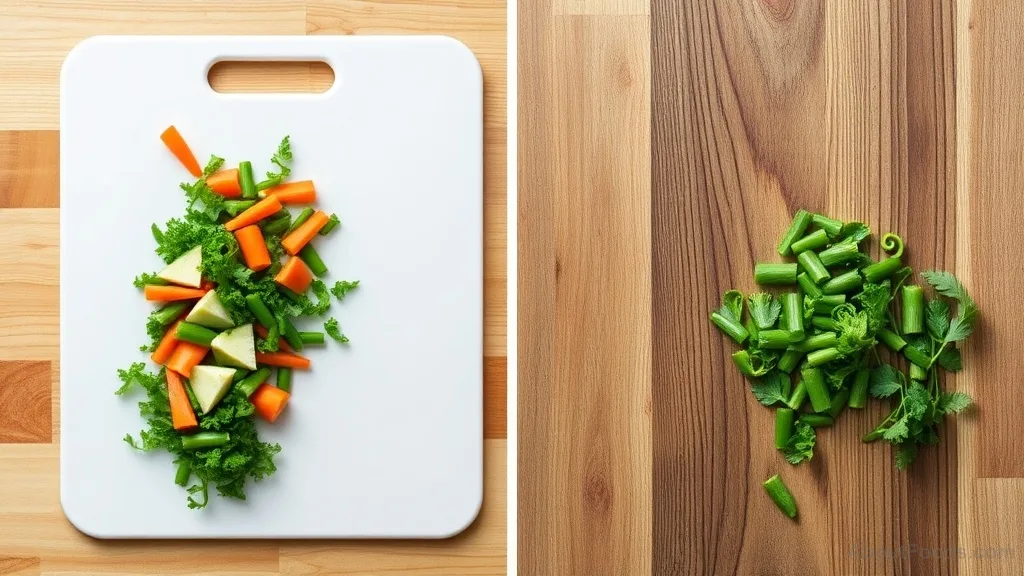 Comparison of plastic and wooden cutting boards with vegetable cuttings