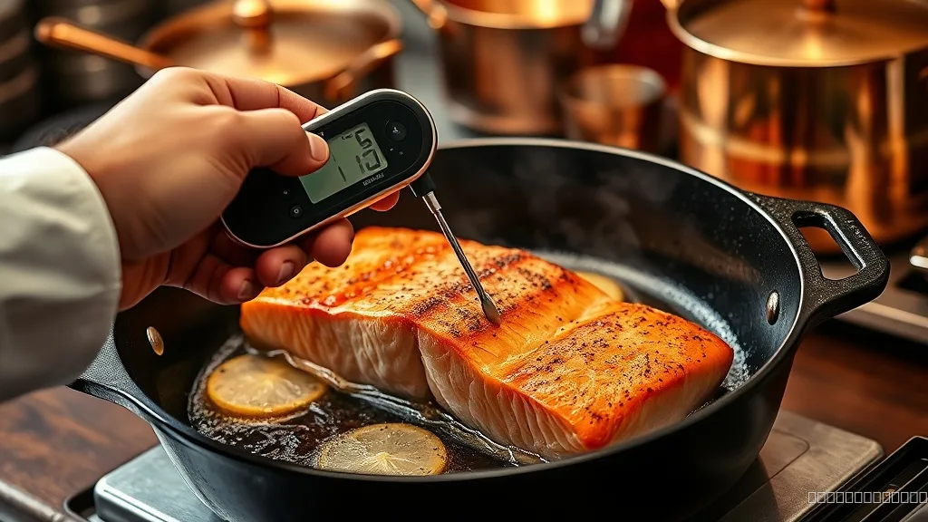 Chef using instant-read thermometer on salmon fillet in cast iron skillet