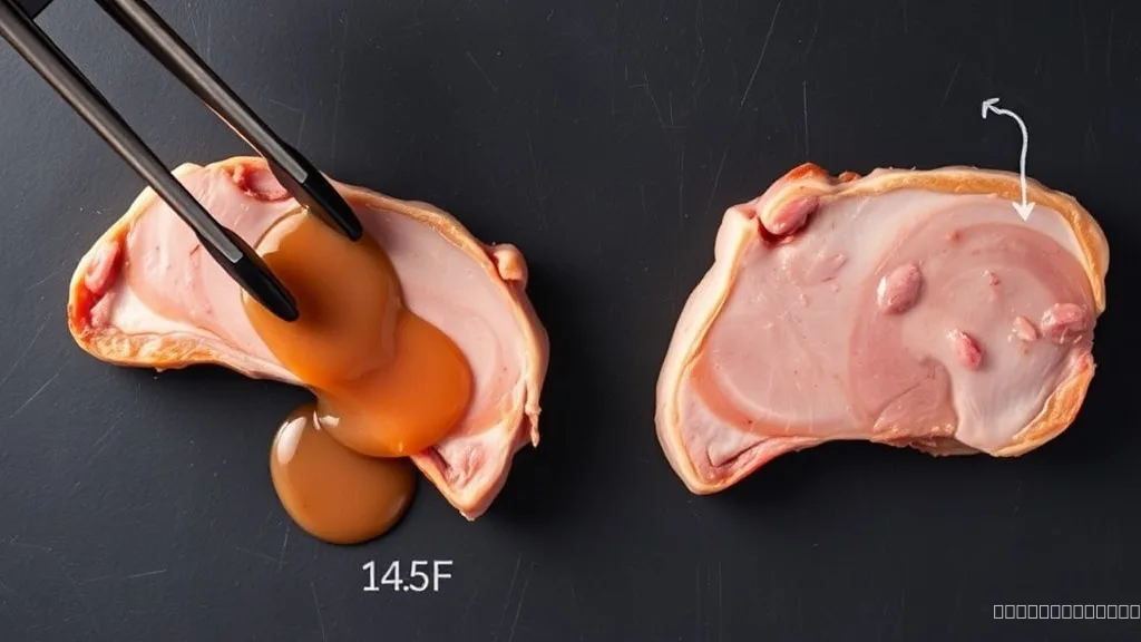 Two pork chops with different juice colors but same safe internal temperature
