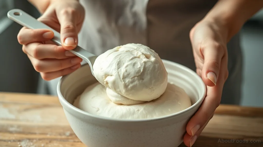 Hands gently folding sourdough starter in a ceramic bowl