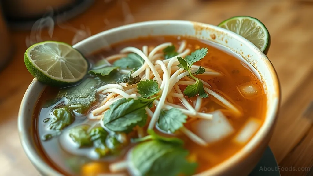 Bowl of Vietnamese pho with fresh herbs and lime.