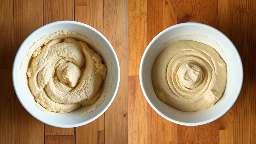 Comparison of overmixed muffin batter with gluten development next to properly mixed lumpy batter