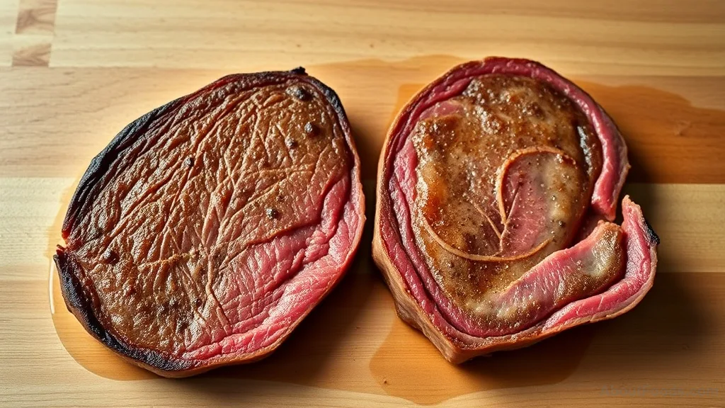 Comparison of a dark sear and a lighter sear on steak slices