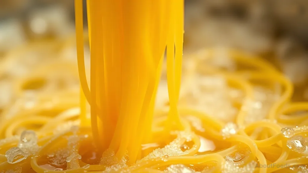 Close-up of spaghetti being lifted from salted pasta water