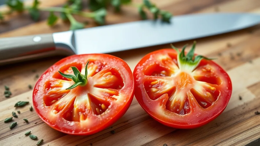 Sharp knife making clean cuts through a ripe tomato