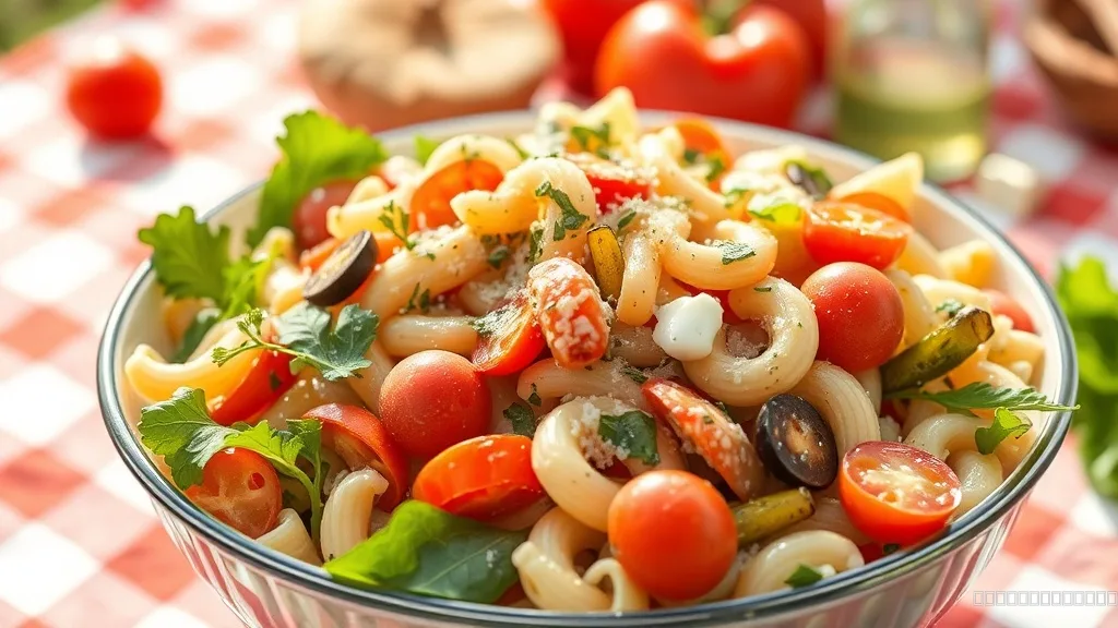 Cold pasta salad with vegetables in serving bowl