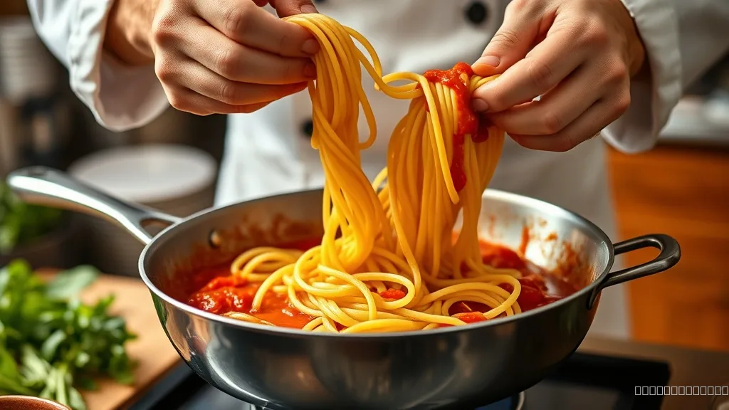 Chef tossing pasta with tomato sauce in pan